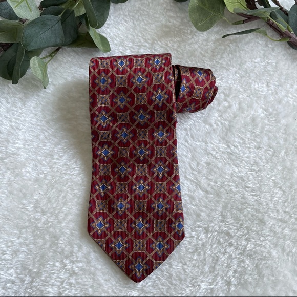 Jos. A. Bank Signature Gold Red and Blue Geometric Print Textured Silk T… - Picture 2 of 11